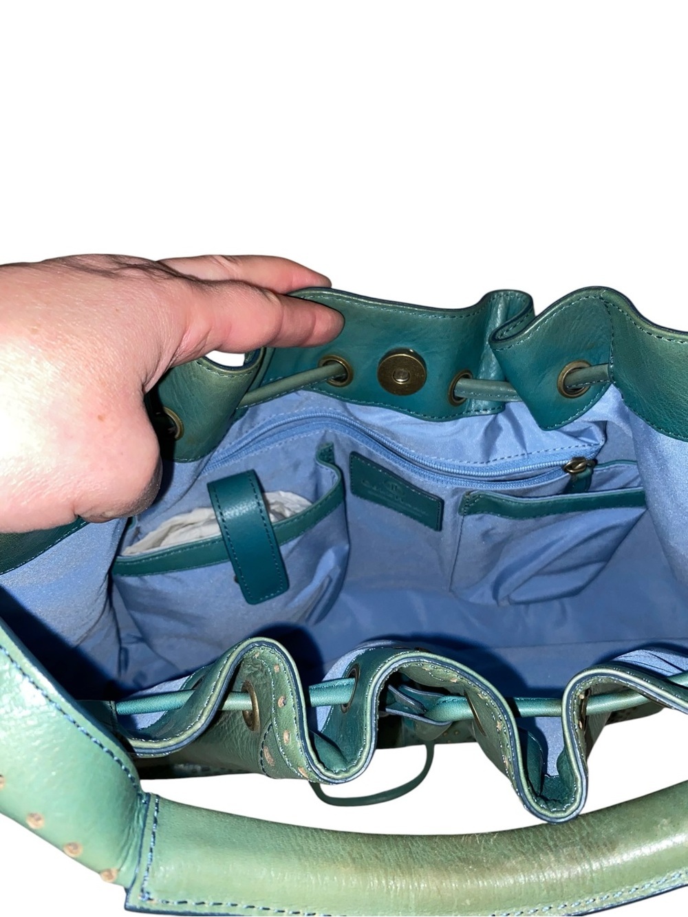 Y2K Vintage Cole Haan Teal Leather Drawstring brass studded Hobo Bag Boho fairy - Picture 8 of 13